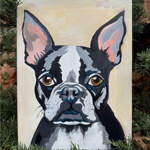 Hand-Painted Dog Portrait Canvas Black and White 9" x 12" Boston Terrier